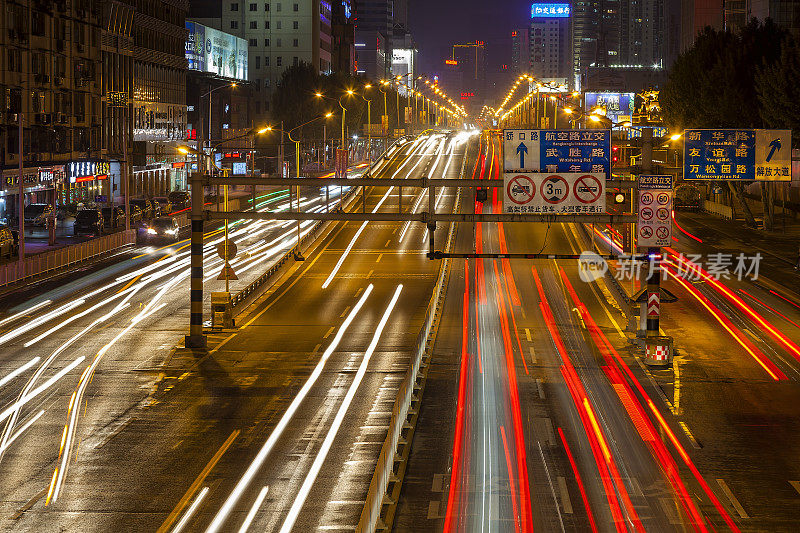 Wuhan, Street Scene with Car Light Trails at Night, Hubei Province, China